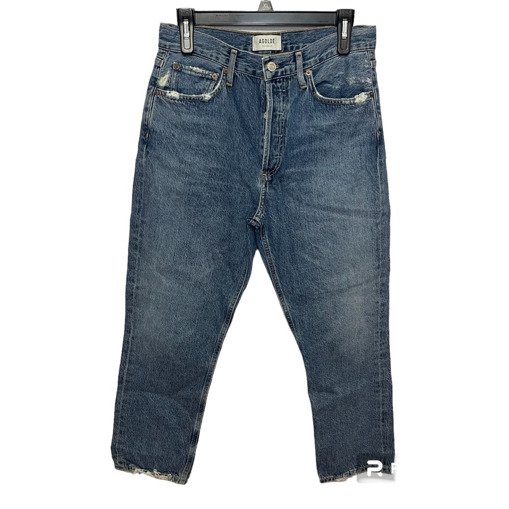 Agolde riley high rise straight crop jean size 28 in frequency distressed denim